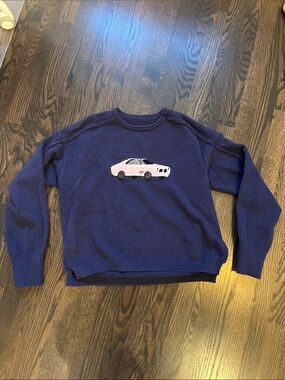 Simons Navy Crewneck Sweater with Pink Car Motif